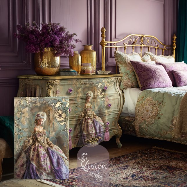 Papier Mousseline Mary Antoinette Era Robe Bouffante à la française (Rococo, Brown Mary Antoinette, French Style Bouffant Whimsical Portrait Decoupage Tissue Paper.)