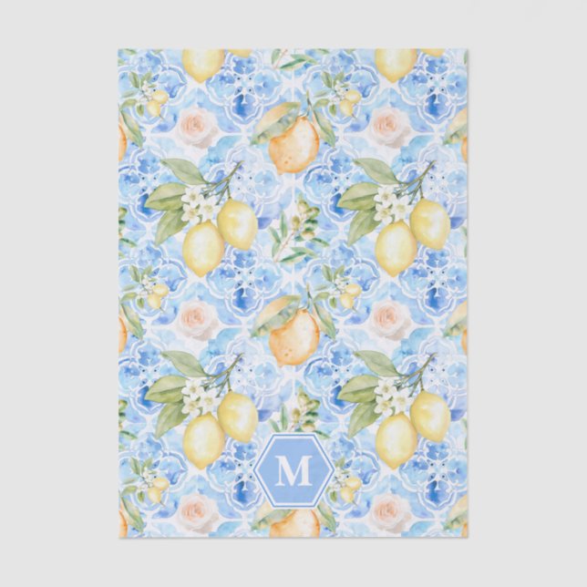 Papier Mousseline Mediterranean Blue Tile Limoncello Monogram Name (Recto)