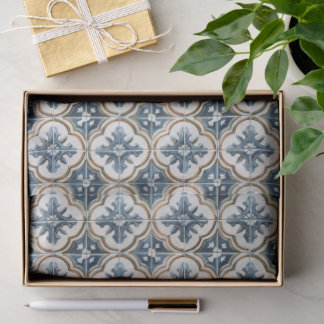 Papier Mousseline Mediterranean Spanish Tile Pattern Gold Blue