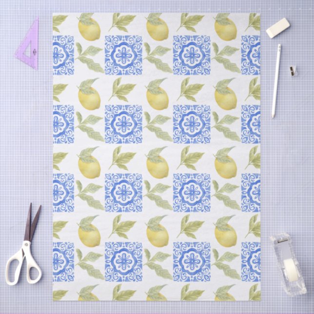 Papier Mousseline Mediterrenean Citrus Lemon pattern (Artisanat)