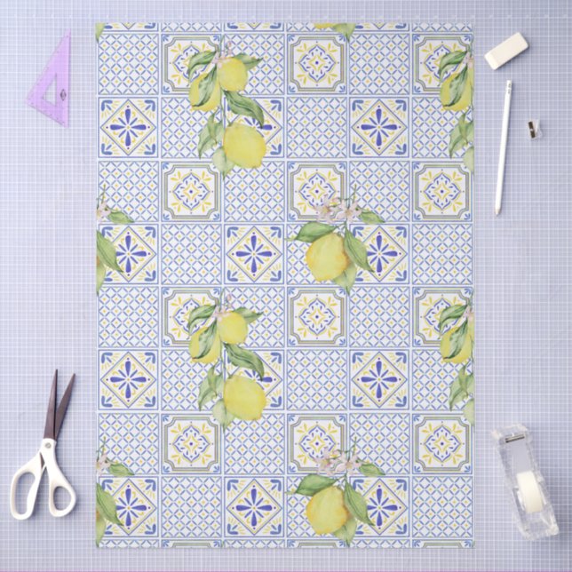 Papier Mousseline Mediterrenean Citrus Lemon pattern (Artisanat)