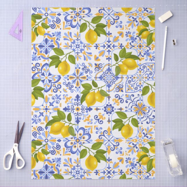 Papier Mousseline Mediterrenean Citrus Lemon pattern (Artisanat)
