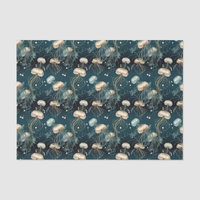 Papier Mousseline Méduse Ethérée Or et Turquoise (Recto)
