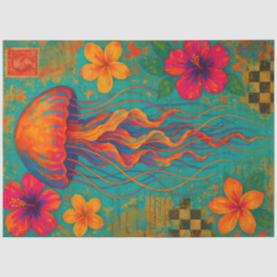 Papier Mousseline Méduse vibrante avec des fleurs d'Hibiscus Nautiqu
