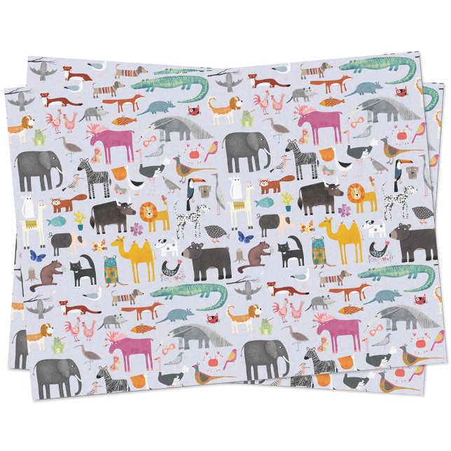 Papier Mousseline Ménagerie animale (Fun animal menagerie with wild, safari, zoo and pet animals and birds pattern tissue paper)