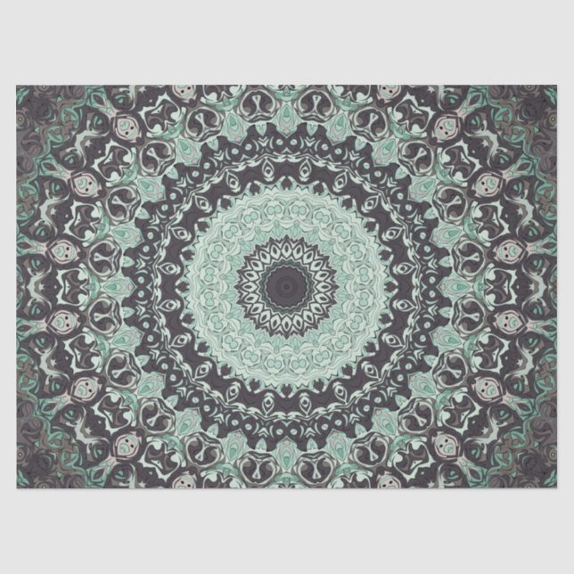 Papier Mousseline Menthe vert et charbon Motif Mandala (Recto)