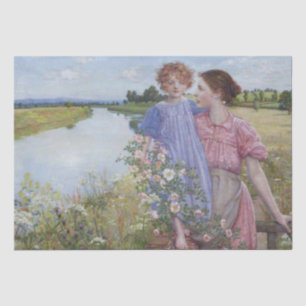 Papier Mousseline Mère et enfant au bord d'une rivière avec des Rose