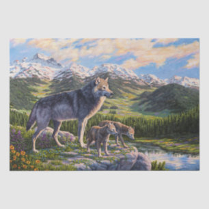 Papier Mousseline Mère Wolf & Pups Mountain River Valley