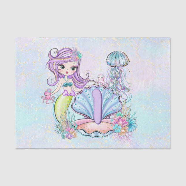Papier Mousseline Mermaid Sea Life | Fête d'anniversaire avec âge pe (Recto)