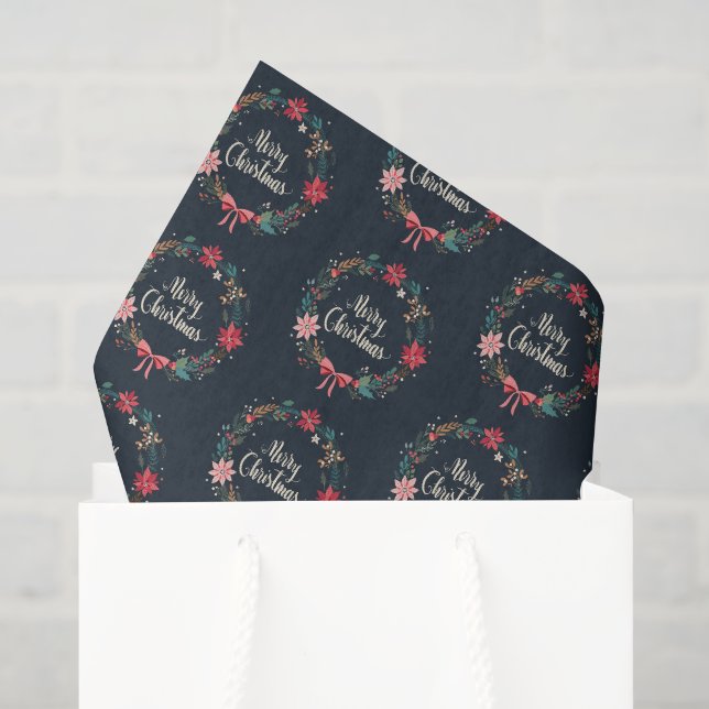 Papier Mousseline Merry Christmas Floral Wreath (Sac cadeau)