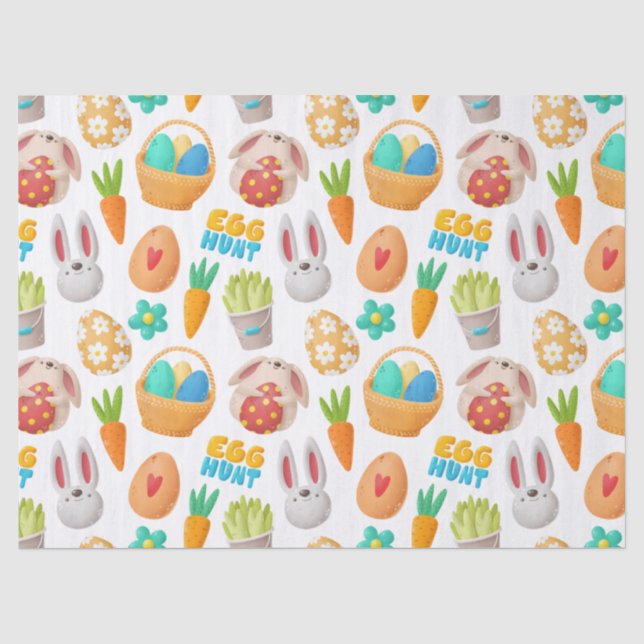Papier Mousseline Mignonne lapin, Panier de Pâques et découpage d'oe (Recto)
