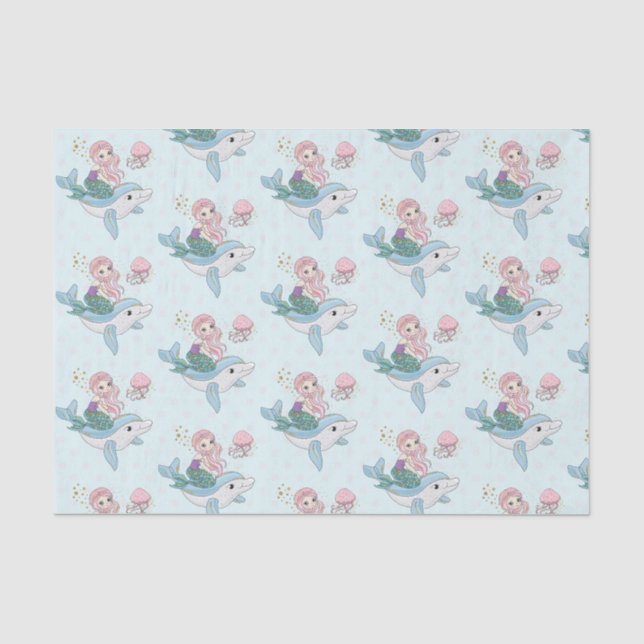 Papier Mousseline Mignonne sirène chevauchant un dauphin sous la mer (Recto)