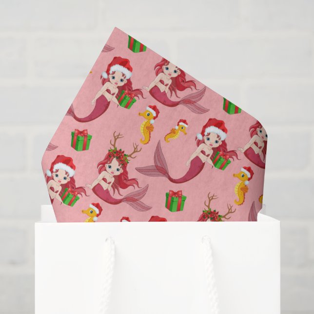 Papier Mousseline Mignonne sirène de Noël motif de seahorse (Sac cadeau)
