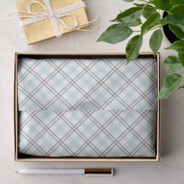Papier Mousseline Mint Green & Grey Gingham Tissue Paper (Cadeau)