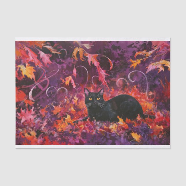 Papier Mousseline Minuit en Forêt, Chat Noir, Feuilles d'automne (Recto)