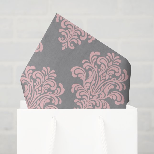 Papier Mousseline Modèle Damas rose et gris (Sac cadeau)