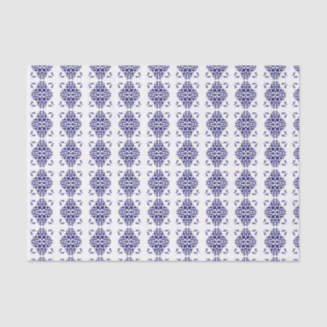 Papier Mousseline Modèle de Damas blanc et marine (Recto)