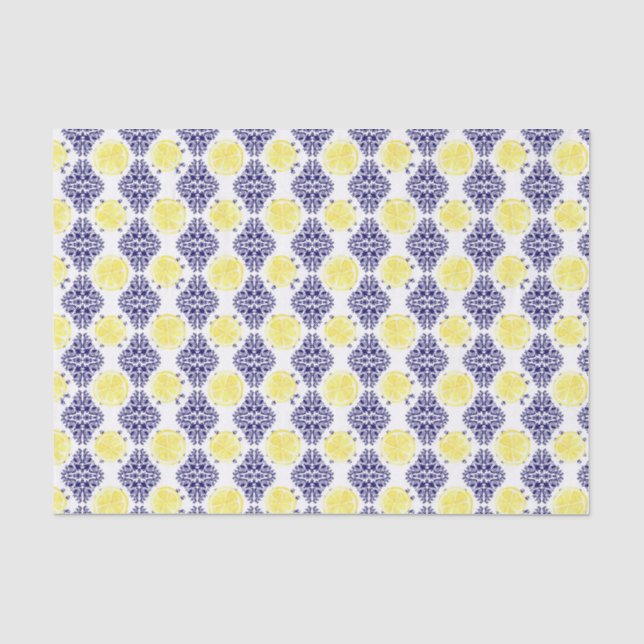 Papier Mousseline Modèle de Damas de lémon blanc et marine (Recto)