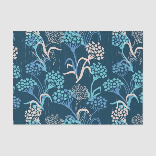 Papier Mousseline Modèle Floral Hydrangea stylisé - Bleu élégant (Recto)