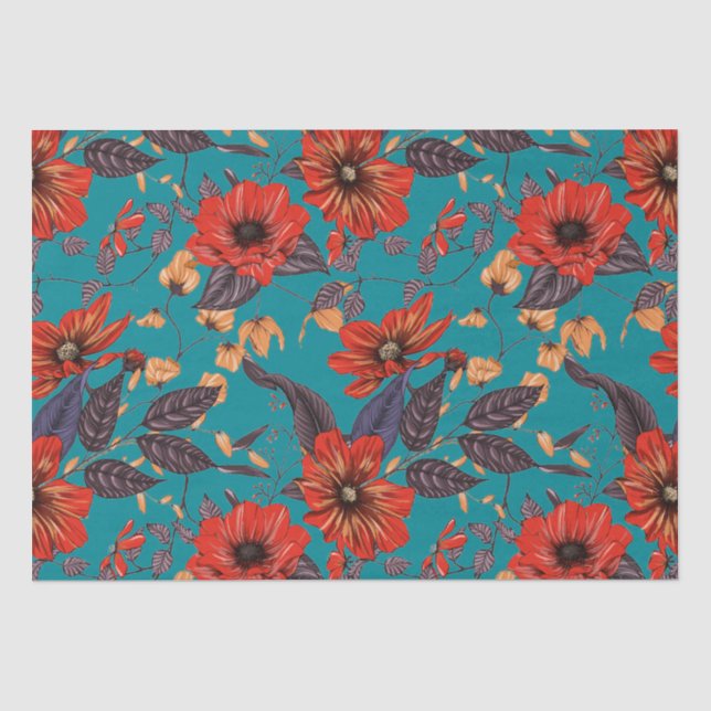 Papier Mousseline Modèle floral rouge et Turquoise (Recto)