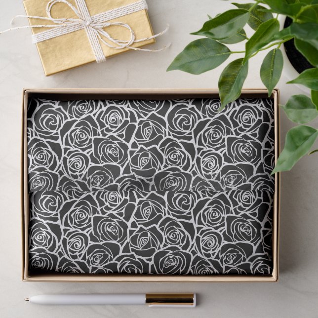 Papier Mousseline Modern Black and White Roses Chic Floral Pattern  (Cadeau)