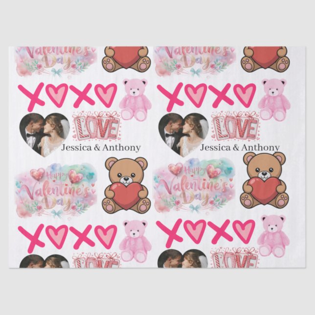 Papier Mousseline Modern Couple Name and Photo Valentines Day  (Recto)