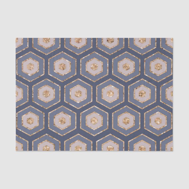 Papier Mousseline Moderne Chic Marine Bleu Hexagon Or Géométrique (Recto)