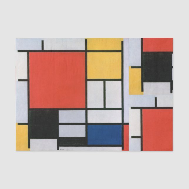 Papier Mousseline Mondrial Composition Rouge Jaune Bleu Noir (Recto)