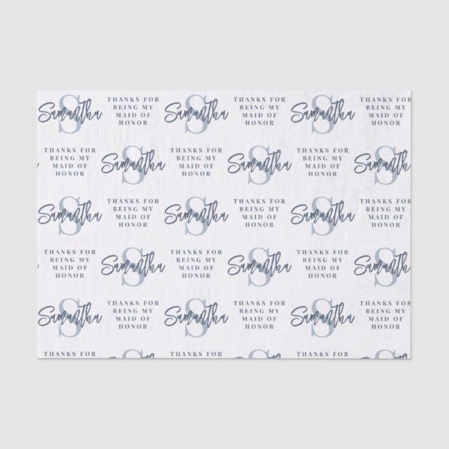 Papier Mousseline Monogramme Dusty Blue Motif Maid of Honor Merci (Recto)