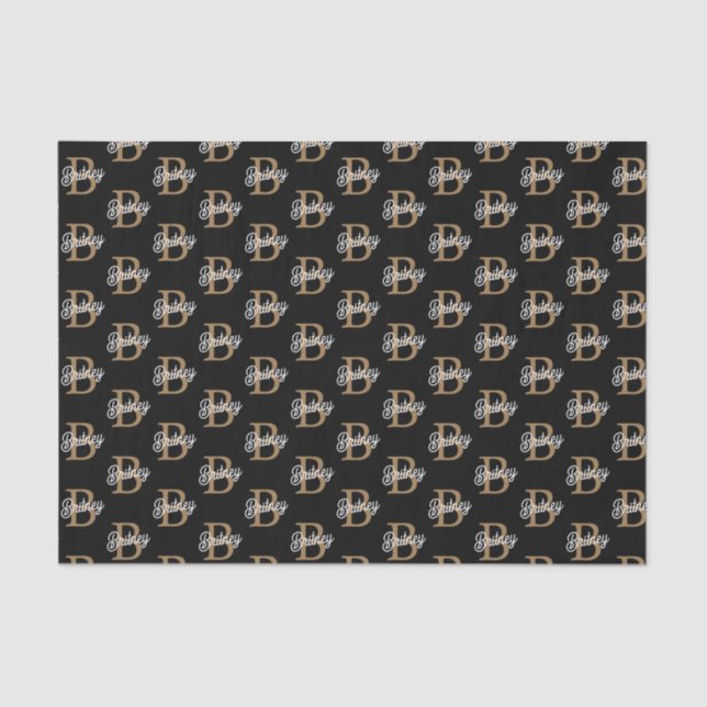 Papier Mousseline Monogramme moderne élégant Nom Black Gold Script (Recto)