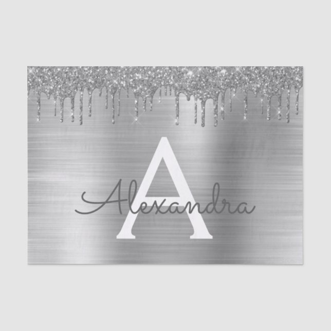 Papier Mousseline Monogramme Nom Métal Brossé Paillettes Argentées (Recto)