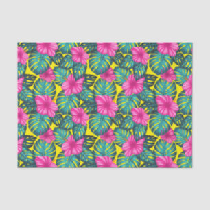 Papier Mousseline Monstera Feuilles et Hibiscus, rose Turquoise sur 