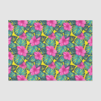 Papier Mousseline Monstera Feuilles et Hibiscus, rose Turquoise sur