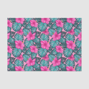 Papier Mousseline Monstera feuilles et Hibiscus Turquoise et rose su