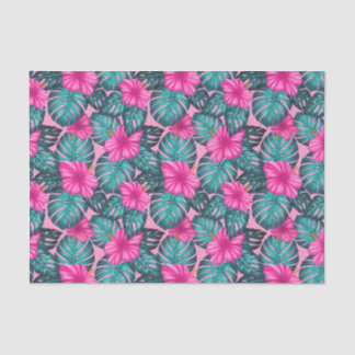 Papier Mousseline Monstera feuilles et Hibiscus Turquoise et rose su
