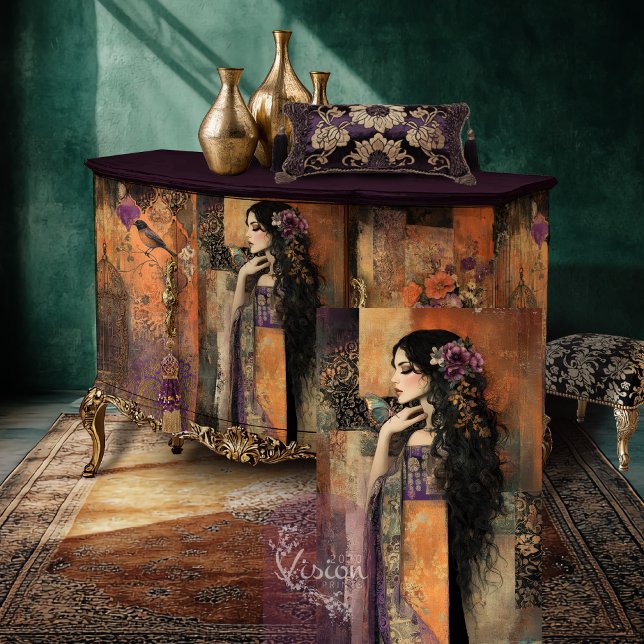 Papier Mousseline Moody Boho Girl in a Kimono Patchwork Art (Mix and Match, Moody Boho, Kimono Girl & Butterfly, Patchwork Art, Decoupage Tissue Paper)