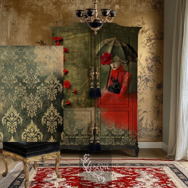 Papier Mousseline Moody Patiné Forêt d'Olivier Modes Damas vert (Moody Green, Damask Overlay Weathered Repeat Patterns, Decoupage Tissue Paper)