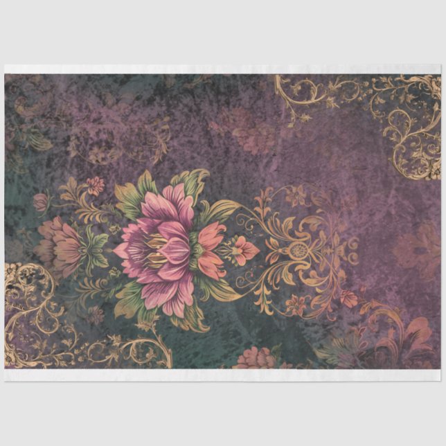 Papier Mousseline Moody Purple & Green Motif & Flower decoupage (Recto)
