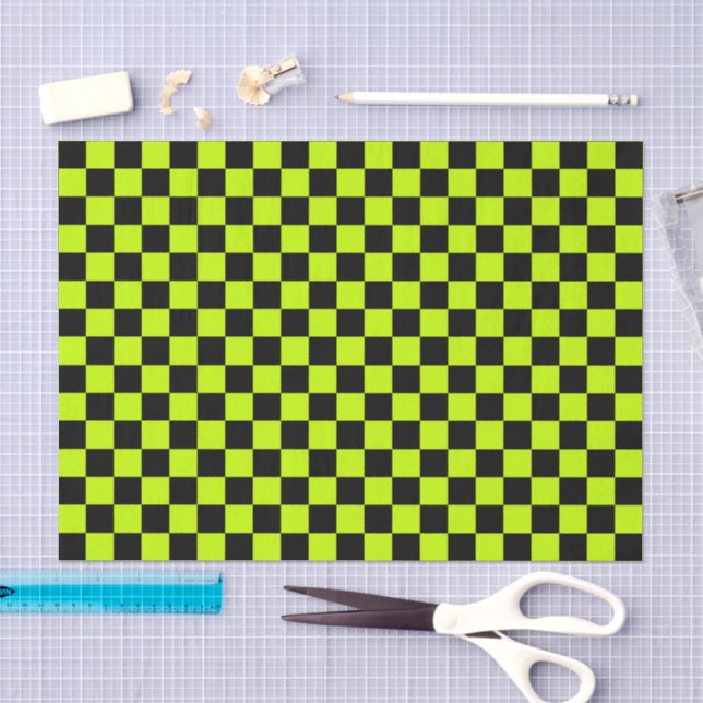 Papier Mousseline Motif à carreaux vert acide et noir (Artisanat)