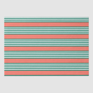 Papier Mousseline Motif à cinq bandes vert et blanc avec corail