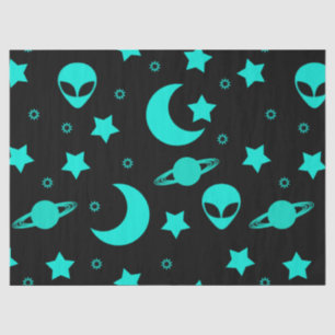 Papier Mousseline Motif Alien turquoise avec étoiles et lunes