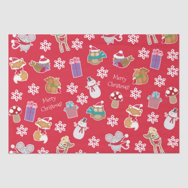 Papier Mousseline Motif animal de bois Rouge Joyeux Noël (Recto)