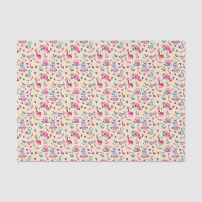 Papier Mousseline Motif animal mignon en Aquarelle rose et verte (Recto)