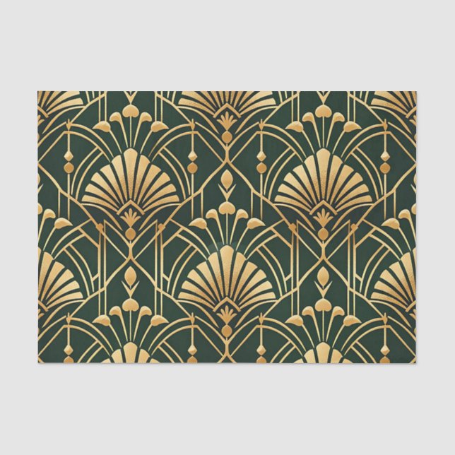 Papier Mousseline Motif Art Déco Or Émeraude (Recto)