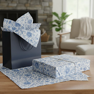 Papier Mousseline Motif artistique floral bleu de Delft hollandais é