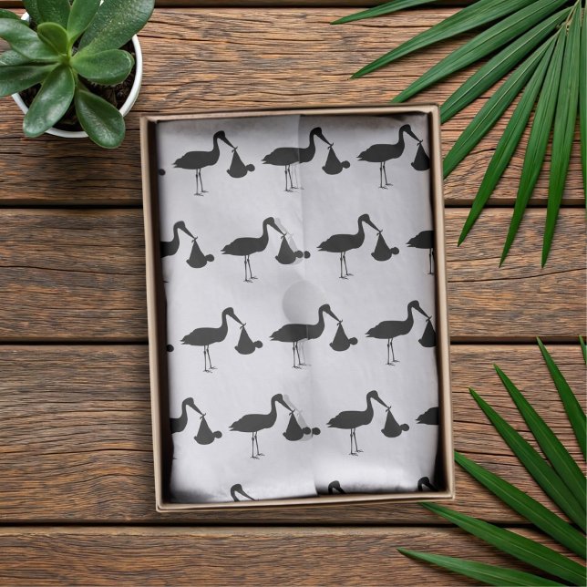Papier Mousseline Motif baby shower noir et blanc Stork (Black and white stork baby shower tissue paper just for you)