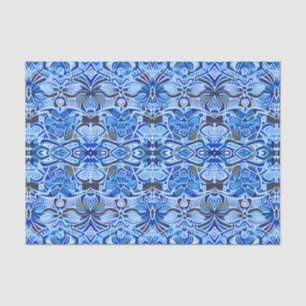 Papier Mousseline Motif Batik tribal en Indigo bleu et blanc
