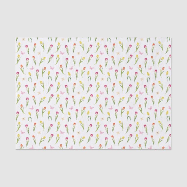 Papier Mousseline Motif blanc de tulipes et papillons  (Recto)