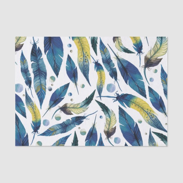 Papier Mousseline Motif bleu de plumes d'oiseau d'aquarelle (Recto)