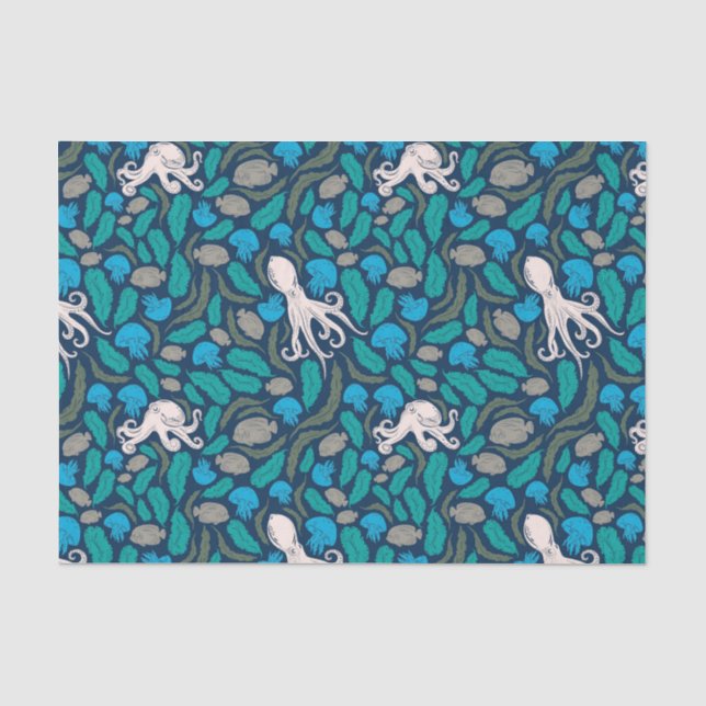 Papier Mousseline Motif bleu Turquoise de la méduse d'Octopus (Recto)